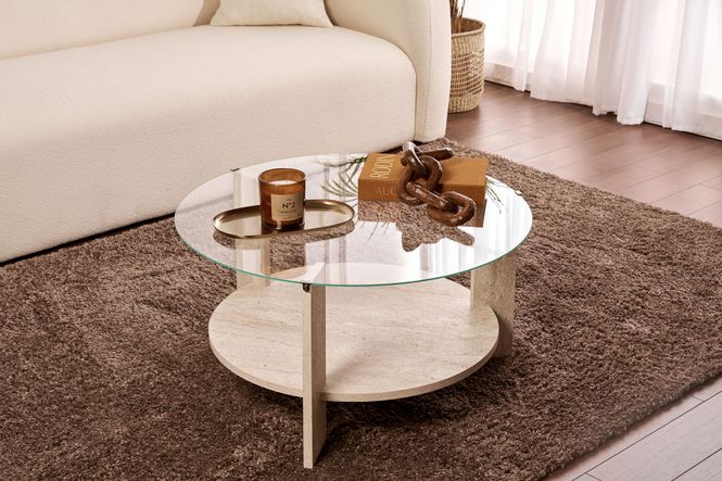 Hovedbilde Nordure Clara sofabord – Travertine/transparent