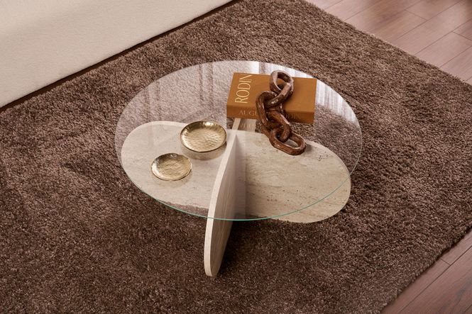 Hovedbilde Nordure Aeris sofabord – Travertine/transparent